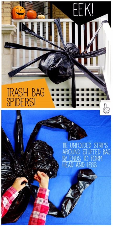 DIY Trash Bag Halloween Decoration Ideas- DIY Trash Bag Spider Tutorial Trash Bag Spider, Spider Tutorial, Halloween Camping, Halloween Infantil, Halloween Decoration Ideas, Halloween Dance, Casa Halloween, Homemade Halloween Decorations, Creepy Halloween Decorations