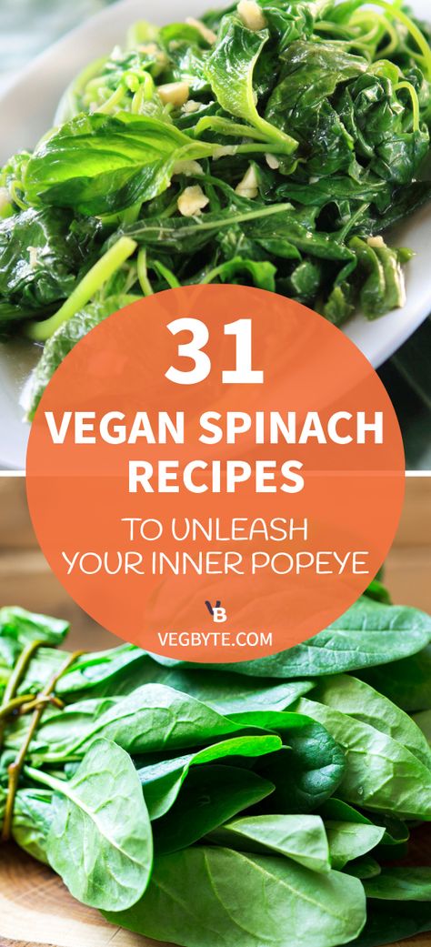 Fancy delicious spinach meals you can make right at home? Check out this collection of 31 vegan spinach recipes!  #vegbyte #veganspinachrecipes #healthyveganspinachrecipes #veganspinachsalad #vegandietrecipes #veganfood #spinachrecipes #spinach Vegan Spinach Recipes Dinners, Spinach Dishes Healthy, Vegan Meals With Spinach, Spinach Dinner Recipes Vegetarian, Vegan Recipes With Spinach, Spinach Meal Ideas, Vegetarian Recipes With Spinach, Vegetarian Spinach Recipes, Plant Based Spinach Recipes