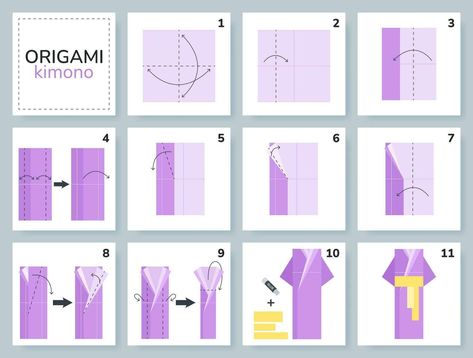 Bathrobe origami scheme tutorial moving model. Origami for kids. Step by step how to make a cute origami bathrobe or kimono. Vector illustration. Kimono Origami, Kimono Tutorial, Origami For Kids, Cute Origami, Heart Tree, Cityscape Photos, Logo Banners, Origami Art, Heart With Arrow