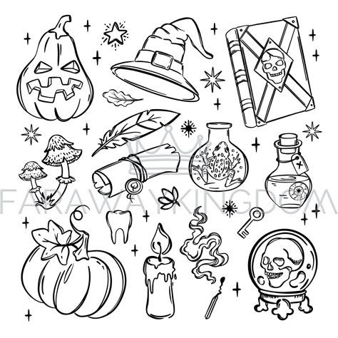 Spell Book Doodle, Vector Stickers Illustrations, Halloween Little Drawings, Halloween Line Drawings, Halloween Ideas Drawings, Doodle Art Journals Ideas, Cute Halloween Decor Diy, Simple Halloween Doodles, Easy Spooky Drawings