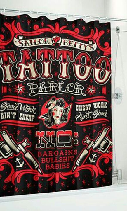 Want Tattoo Pirate, Mini Bad, Bedroom Plan, Punk Tattoo, Goth Bedroom, Pirate Tattoo, Sourpuss Clothing, Tattoo Parlor, Cool Shower Curtains