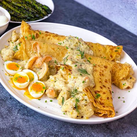 Seafood Crepes Seafood Crepes Recipe, Seafood Crepes, Recipe Crepes, Stuffed Crepes, Lobster Recipe, Mennonite Girls Can Cook, Homemade Crepes, Easy Crepe Recipe, Crepes Recipe