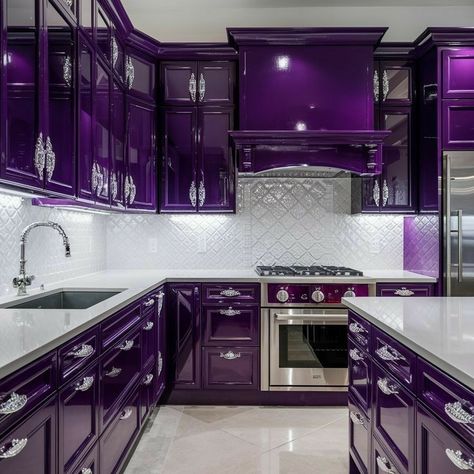 Purple Kitchen Aesthetic, Purple Kitchen Ideas, Colorful Boho Kitchen, Purple Kitchen Cabinets, Purple Kitchen Designs, Purple Interior Design, Craftsman Remodel, Vibrant Kitchen, Purple Furniture