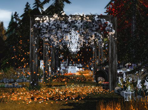 Sims 4 Wedding Venue Cc, Sims 4 Forest, Fall Forest Wedding, Frame Cabins, Blender Scene, A Frame Cabins, Fall Forest, Goth Wedding, Wedding Scene