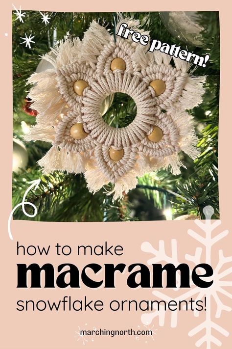 a macrame snowflake ornament on a Christmas tree Macrame Bead Ornaments, Snowflake Macrame Ornament, Diy Christmas Macrame Ornaments, Macrame Stars Diy, Christmas Macrame Tutorial, Easy Macrame Christmas Ornaments, Macrame Snowflakes Diy, Macrame Christmas Ornaments Diy, Macrame Snowflake Ornaments