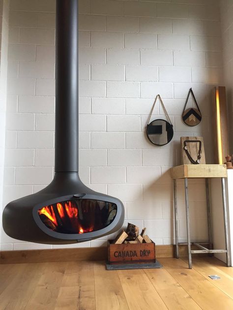 Suspended and bespoke wood burning fires - Firemaker.co.uk Wood Burning Stove Corner, Wood Burning Stoves Living Room, Camp Stoves, Modern Wood Burning Stoves, Stove Installation, Hanging Fireplace, Floating Fireplace, Fire Places, Farm Kitchen