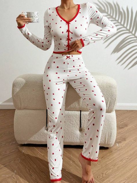 Strawberry Pattern Lace Splicing Pajama Set White Set | SHEIN USA Strawberry Pattern, Lace Splicing, White Set, Pajama Set Women, Pajama Sets, Pajamas Women, Fashion Online Shop, Sports Equipment, Online Fashion