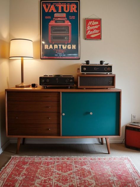 Record Player Wall, Record Player Aesthetic, Vinyl Record Furniture, 70s Living Room, 80s Bedroom Aesthetic, Mirrored Dresser, 80s Bedroom, Retro Record Player, Retro Elements