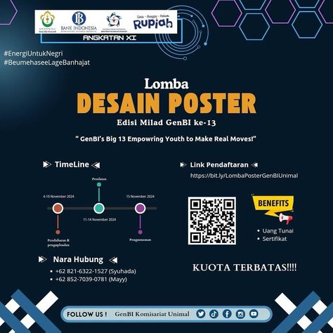 [LOMBA DESAIN POSTER] Hallo sobat GenBI 👏 Saat ini kita mengadakan lomba desain poster dalam rangka memperingati milad GenBI yang Ke- 13. Tunggu apa lagi ayo daftarkan diri anda untuk mengikuti lomba desain poster dengan tema “GenBI’s Big 13: Empowering Youth to Make Real Moves!” Ekspresikan kreativitasmu, sampaikan pesanmu, dan raih kesempatan untuk menang. Ayo daftar sekarang, gratiss lohhh‼️ Link Pendaftaran : https://bit.ly/LombaPosterGenBIUnimal _________________ Sosial Media Tik...