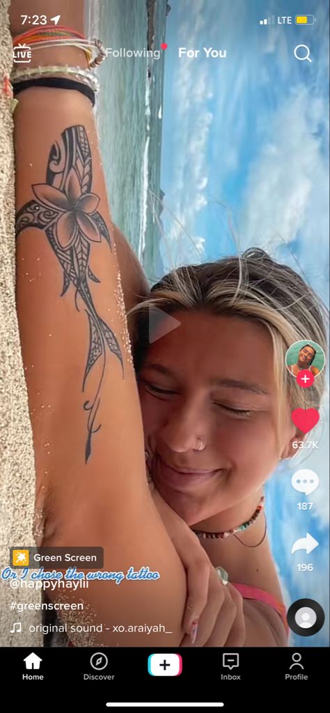 Beachy Patchwork Tattoo, Hip Tattoos Women Ocean, Beach Hand Tattoo, Ocean Tattoo Aesthetic, Spine Ocean Tattoo, Beach Girl Tattoo Ideas, Virgin Islands Tattoo, Coconut Girl Tattoo, Island Girl Tattoo