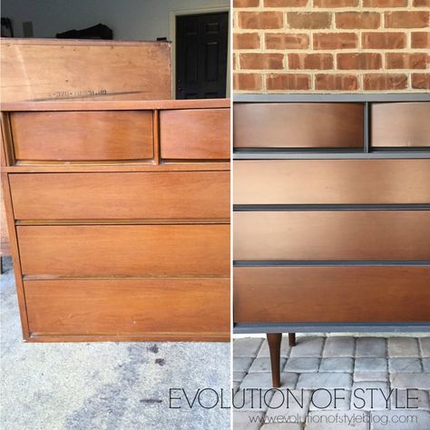 Refinishing Mcm Furniture, Mcm Chest Of Drawers Makeover, Mcm Dresser Makeover, Bedroom Dresser Ideas, Mid Century Modern Dresser Makeover, Modern Bedroom Dresser, Modern Dresser Makeover, Stained Furniture, Dresser Inspiration