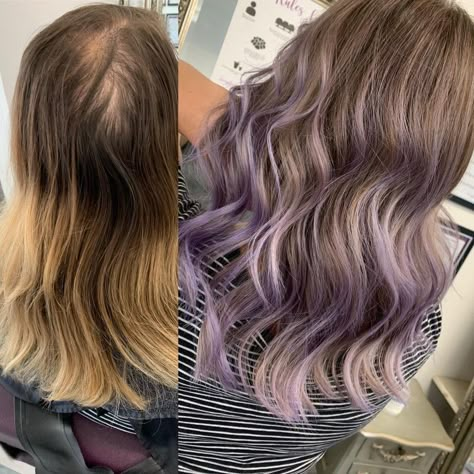 Medium Length Purple Balayage, Lilac Balayage Brunettes, Pastel Purple Balayage, Blonde Balayage With Purple, Lavender Balayage Brunette, Light Purple Balayage, Pastel Purple Highlights, White Hair Ideas, Lilac Balayage