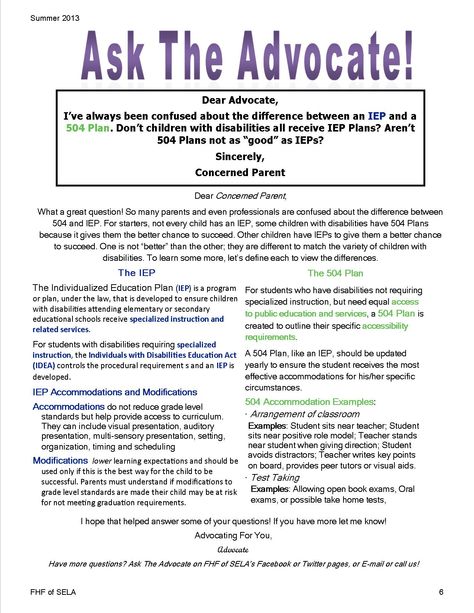 Do you know the difference between an IEP and a 504Plan? Be prepared for Back to School and ask our Education Advocates! Special Education Newsletter, 504 Coordinator, Student Advocate, 504 Plan Accommodations, Special Education Law, 504 Plan, Family Resources, Middle School Counseling, School Counseling Lessons