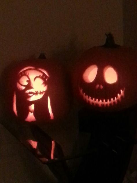 Jack and Sally pumpkins Sally And Jack Pumpkin Carving, Jack And Sally Pumpkin Carving, Sally Pumpkin Carving, Jack And Sally Pumpkin, Sally Pumpkin, Santos Gang On My Block, Halloween Pumpkin Carving Stencils, Carving Stencils, Pumpkin Carving Designs