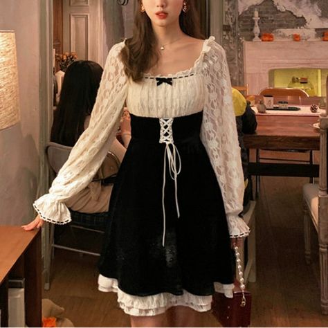 Korean Vintage Kawaii Lace Slim Elegant Retro Black Fairy Dress BE146 Note: Since manual measurement has a certain errors, the measurement error of 1-3cm is not the standard for the return of goodsSuggestion: Choose the size according to your weight.Size S - Weight: 40 kg - 45 kgSize M - Weight: 47.5 kg - 52.5 kgSize L - Weight: 55 kg - 60 kgSize XL - Weight: 60 kg - 62.5 kgSize InformationSize S Bust:76cm Shoulder:33cm Length:80cm Waist:62cm Sleeve:64cmSize M Bust:80cm Shoulder:35cm Length:81cm Aesthetic Costumes, Faerie Aesthetic, Casual Kawaii, Retro Fairy, Black Fairy, Style Kawaii, Style Gothic, Dress Korean, Korean Dress