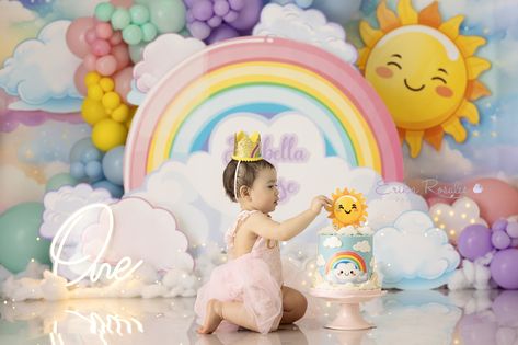 Brighten up your photos with the Sunshine & Rainbows photo backdrop ☀️ See more cake smash backdrops at www.hsdbackdrops.com/collections/cake-smash Photo by @erikarosalesphotography See more backdrops from this designer's line: www.hsdbackdrops.com/collections/erika-rosales . . . . . . #cakesmashideas #cakesmashshoot #cakesmashsession #cakesmashphotography #cakesmashphotos #hsdbackdrops #cakesmashgirl #cakesmashbackdrop Sunshine Theme Birthday Party Decoration, Rainbows Photography, Sunshine And Rainbows Birthday, Sunshine Cake Smash, Background Cake, Bday Decor, Sunshine Cake, Cake Smash Props, Backdrops Kids