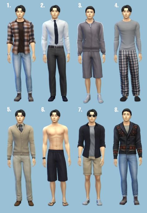 Sims 4 base game outfits, no cc. My ID is Yuna_licht. #ts4 #thesims4 #sims4 #ts4outfits #sims4outfits Sims 4 Outfit Ideas No Cc Male, Sims 4 Male Outfit Ideas, Sims 4 People Ideas Base Game, Sims 4 Guy Outfits, Sims 4 Cas Ideas No Cc, Sims 4 Base Game Outfits Ideas Men, Male Sims 4 Outfits No Cc, Sims 4 Sims Characters Ideas, Sims Characters Ideas No Cc