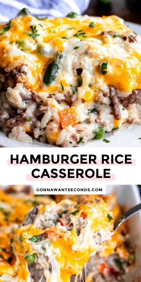 *NEW* My hamburger rice casserole is the perfect weekday dinner for a hungry family. This is beefy goodness covered with two melty cheeses! #hamburgercasserole #ricecasserole Hamburger Recipes For Dinner, Hamburger And Rice Recipes, Hamburger Rice Casserole, Hamburger Dinner Ideas, Hamburger Rice, Budget Food, Hamburger Casseroles Recipes, Hamburger Dishes, Mexican Casserole Recipe