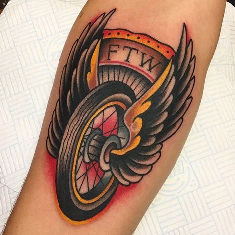 Wheel And Wings Tattoo, Winged Wheel Tattoo, Motorcycle Wheel Tattoo, Traditional Motorcycle Tattoo, Biker Tattoos Designs, Traditional Chest, Harley Tattoos, Motorcycle Tattoo, Wheel Tattoo