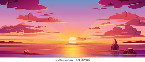 Sunrise Vector, Sun Reflection, Beach Cartoon, Morning Beach, Ocean Sunrise, Beach Illustration, Scenery Background, Sea Sunset, Water Reflections