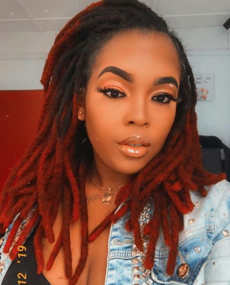 Auburn Dreadlocks Black Women, Highlighted Locs, Red Locs Black Women, Red Dreadlocks, Dreadlocks Hairstyle, Loc Nation, Red Locs, Dyed Dreads, Black Hair Ideas