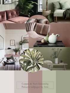 Sage Wallpaper Living Room, White Pink Green Living Room, Sage Green Office Wallpaper, Mauve And Green Wallpaper, Green Pink Brown Living Room, Mint Green Color Palette Living Room, Sage Green Blush Pink Living Room, Green And Pink Dining Room Ideas, Green And Dusky Pink Bedroom