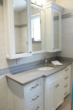 Upper cabinets with mirrors and moulding. Cabinet Over Bathroom Sink, Upper Bathroom Vanity Cabinets, Bathroom Closet Remodel, Transitional Powder Room, Bathroom Cabinets Diy, Small Bathroom Diy, Bathroom Improvements, Bathroom Cabinets Designs, Bathroom Vanity Designs