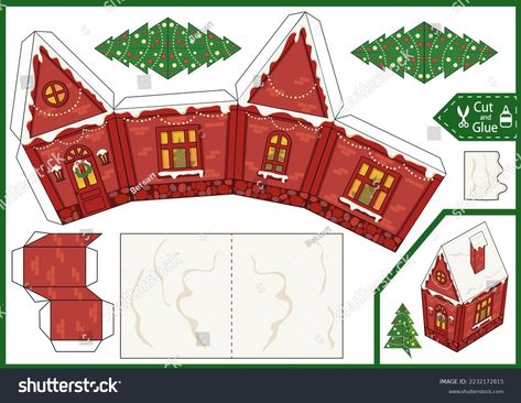 Paper Christmas Houses Templates Free Printable, Paper House Template Printables Free, Christmas Paper House, Paper House Printable, Train Village, Printable Christmas Ornaments, Paper House Template, Christmas Paper Craft, Craft Printables