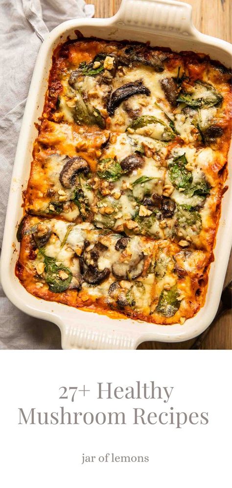 Want to know what to make with mushrooms? This list of 27+ Healthy Mushroom Recipes includes some of the best ideas! From mushroom pasta, to pizza, soups, and casseroles, these recipes are easy to make, wholesome, and SO delicious. Pick out a few of your favorites for a meal you can make in no time at all! Healthy Dinner Recipes Mushrooms, Mushroom Dinner Recipes Healthy, Meals Using Mushrooms, Healthy Recipe With Mushrooms, Mediterranean Diet Recipes Mushrooms, Healthy Mushroom Side Dishes, Veggie Mushroom Recipes, Recipe With Mushrooms Healthy, Easy Dinner With Mushrooms