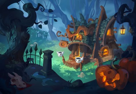 Witch's House, on ArtStation at https://www.artstation.com/artwork/eazP4J Witch House Illustration, Halloween Concept Art, Witch's House, Environment Painting, Illustration Concept Art, 2d Game Art, Casual Art, Silhouette Painting, Book Illustration Art