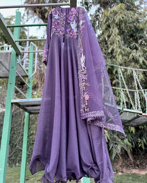 Purple bais bird anarkali (all season wear) (2 piece set) 1)Unstitched bias cut with yoke anarkali and 2)dupatta.  Fabric: Shirt- Georgette shimmer fabric, Dupatta- Net Embroidery- bead, thread, cutdana work Front back and sleeves have embroidery  Dupatta- border 4 side sequin border and 1 length embroidery.  No lower Length of shirt- 57” (can be made shorter) Ghera- 6mts  Our pieces fit uptil  Hip size 57”  Chest size 50” (ready to ship) Weblink- www.sanjanasstylelab.com  DM to Order  📱 Wha... Cutdana Work, Dupatta Border, Embroidery Dupatta, Net Embroidery, Shimmer Fabric, Hand Painted Dress, Purple Fabric, How To Make Shorts, 2 Piece Set