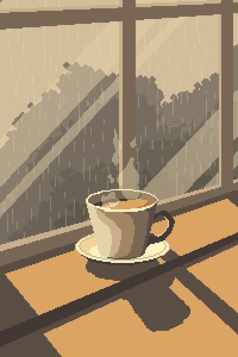 Animated pixel art coffee in rainy weather #pixelart #coffee #rain #window #woody #aseprite #animated Coffee Pixel Art Gif, Rain Window Illustration, Windows Pixel Art, Pixel Coffee Shop, Coffee Shop Pixel Art, Rainy Coffee Shop Aesthetic, Rain Pixel Art, Brown Pixel Art, Window Pixel Art