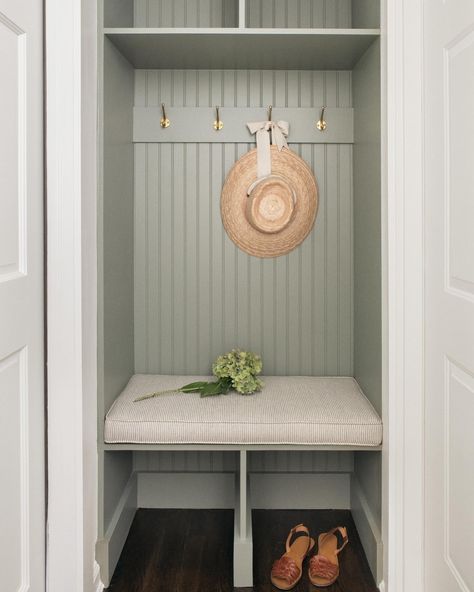 Mini mudroom moment at our Lloyd Harbor project 🌾 never underestimate the power a cozy nook! #mudroom #newyork #traditional #nook Mud Corner Small Spaces, Mini Drop Zone, Built In Shelves Mudroom, Mini Mud Room Ideas, Small Closet Into Mudroom, Mudroom Nook Ideas, Small Closet Nook, Small Narrow Mudroom, Entry Built In Bench