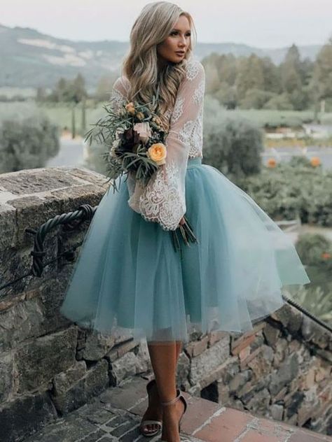 Blue Simple Wedding Dress A Line Designed Neckline Lace Tulle Bridal Gowns Tea Length Homecoming Dresses, Lace Top Wedding, Blue Tulle Dress, Gonna In Tulle, Long Sleeve Homecoming Dresses, Dress Tutu, Tulle Homecoming Dress, Homecoming Dresses Long, Affordable Wedding Dresses