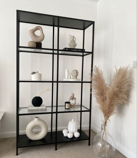 Vittsjo Shelves Living Room, Shelving Unit Decor, Shelving Styling, Rustic Outdoor Furniture, Mantelpiece Decor, Black Living Room Decor, Black Shelf, Cute Living Room, Earthy Home Decor