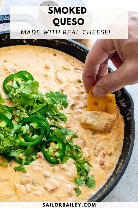 Smoked queso, is a tastier, elevated version of traditional queso. Made with real cheese and wholesome ingredients. The ultimate appetizer.
 via @sailor_bailey Cast Iron Queso Dip, Smoker Queso, Grilled Queso, Skillet Queso, Smoked Queso, Sailor Bailey, Canned Green Chilies, Queso Recipe, Smoked Cheese