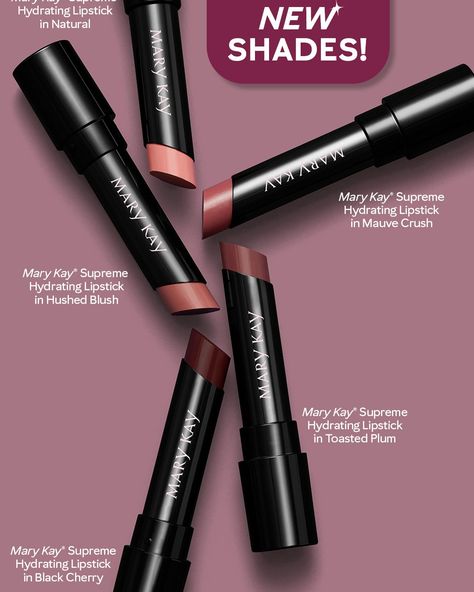 Mary Kay® Supreme Hydrating Lipsticks in Hushed Blush, Mauve Crush, Toasted Plum, Natural and Black Cherry. This is not a drill!! �🚨 Mary Kay just added five NEW Supreme Hydrating Lipstick shades: 🤭 Hushed Blush 🫶 Mauve Crush 🤎 Toasted Plum 🩰 Natural 🍒 Black Cherry AND these new shades are coming just in time for holiday shopping and would make great stocking stuffers! 🛒👁 Which of these new shades do you have your 👁️on? Comment below! #MaryKay Mary Kay Semi Matte Lipstick, Mary Kay Hydrating Lipstick, Black Cherry Lipstick, Mary Kay Supreme Hydrating Lipstick, Mary Kay Liquid Eyeshadow, Mary Kay True Dimensions Lipstick, Mary Kay Lipstick, Mary Kay Ash, Hydrating Lipstick