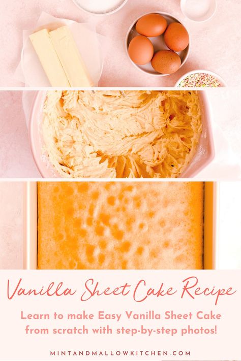 Vanilla Sheet Cake Recipe, Easy Vanilla Buttercream Frosting, Frosting From Scratch, Cake With Buttermilk, Vanilla Sheet Cake, Cake Recipe From Scratch, Vanilla Sheet Cakes, Betty Crocker Cake Mix, Sheet Cake Recipe