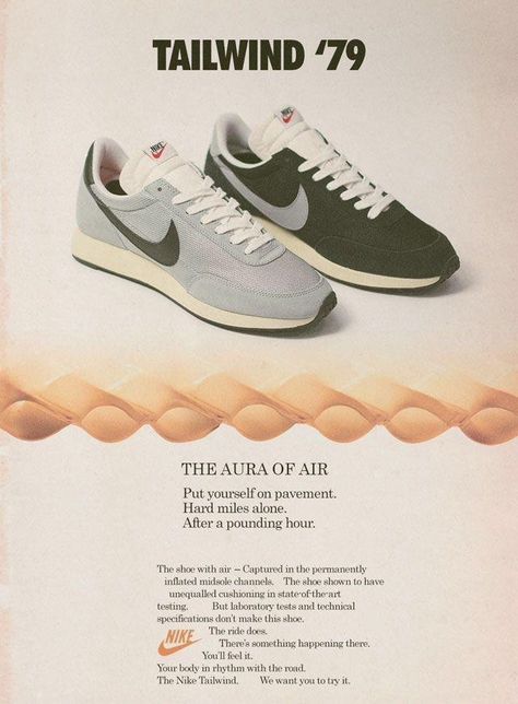 Nike Tailwind Advertisement (1979) : Nike Inc. : Free Download, Borrow, and Streaming : Internet Archive Retro Aesthetic Fashion, Sneaker Ads, Vintage Nike Shoes, Nike Ads, Old Nikes, Nike Poster, Nike Air Tailwind, Nike Ad, Shoe Poster