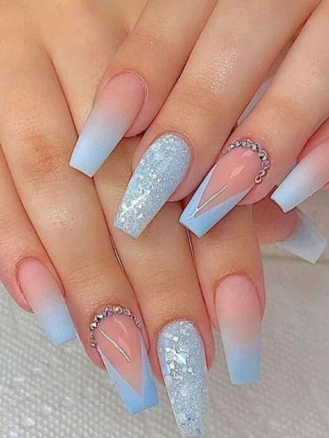 Baby Blue Acrylic Nails, Acrylic Coffin Nails, Blue Glitter Nails, Light Blue Nails, Baby Blue Nails, Blue Acrylic Nails, Acrylic Coffin, Coffin Nails Long, Summer Acrylic Nails