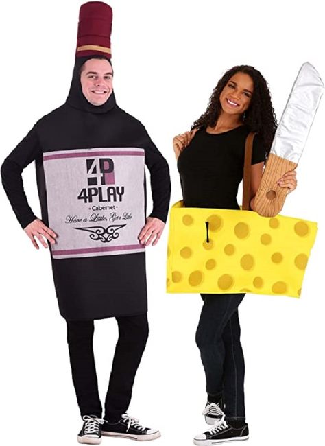 35 Cute And Easy DIY Halloween Couple Costumes For 2022 2 Person Halloween Costumes, Diy Halloween Couples, Cheese Costume, Unique Couples Costumes, Halloween Parejas, Black Bottle, Couples Costume, Cute Couple Halloween Costumes, Wine And Cheese