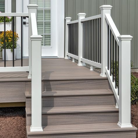 Kit includes 1 top and 1 bottom rail in Classic White, round aluminum balusters, 1 adjustable foot block and all necessary accessory hardware for a stair rail section. Select a coordinating post sleeve, cap and skirt to complete your railing (sold separately). Minimal maintenance; no painting or staining required and cleans easy with soap and water. High-performance composite material that won't warp, rot, split or splinter. Easy to install. Backed by the Trex 25-year limited residential warranty. Trex Enhance 6-ft x 2.75-in x 42-in Classic White Composite Deck Stair Rail Kit | WTRD0642SENKRT Deck Trex Ideas, Trex Railing Ideas, Trex Front Porch Ideas, Porch Stair Railing Ideas, Patio With Steps Down From House, Cape Cod Front Porch, Composite Deck Stairs, Trex Deck Ideas Color Schemes, Composite Stairs