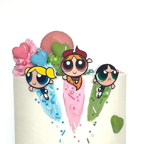 Powerpuff Cake Design, Powerpuff Girls Birthday Party Ideas, Powerpuff Birthday, Powerpuff Cake, Powerpuff Girls Cake, Power Puff Girls Cake, Powerpuff Girls Birthday, Happy 7th Birthday, Girl Bday Party