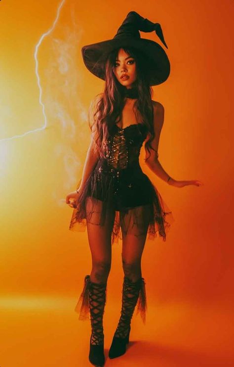 DIY Witch Costume Ideas for Women (Exclusive Ideas + the Best from Instagram) - The Mood Guide Witch Halloween Costume Scary, Diy Fancy Witch Hat, Witch And Cat Halloween Costume, Spooky Cute Costumes, Witch Inspo Halloween, Witch Halloween Costume Corset, Witch Costume With Corset, Pink Witch Halloween Costume, Hollowing Costumes Ideas