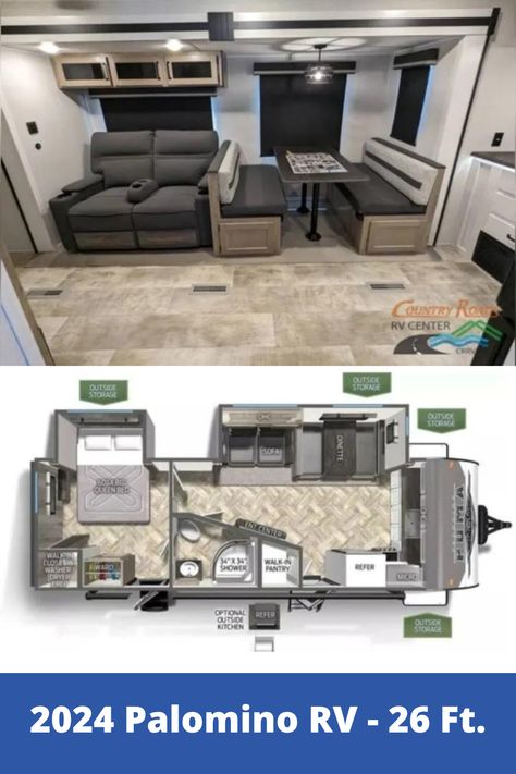 Experience the perfect balance of comfort and style with the 26-foot 2024 Palomino Travel Trailer RV floor plan, featuring a spacious living room and a charming dining table area. Immerse yourself in the cozy ambiance of the living room, ideal for relaxing evenings or entertaining guests. The thoughtfully designed dining table area provides a delightful space for enjoying meals and creating cherished memories on your adventures. Cozy Dining Table, Dining Table Area, Dining Table Interior, Camping Luxury, Thomas Payne, Rv Living Room, Rv Interiors, Rv Floor Plans, Rv Furniture