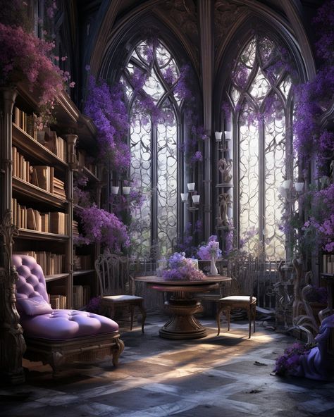 Lavender Library Aesthetic, Purple Victorian Room, Dark Purple Library, Purple Library Aesthetic, Purple Library, Purple Bookshelves, Gothic House Exterior, Game Architecture, Dark Cottagecore House