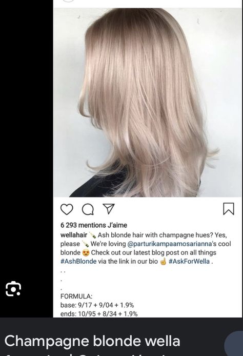 Champagne Hair Color, Wella Formulas, Champagne Blond, Champagne Blonde Hair, Champagne Hair, Wella Hair Color, Diy Hair Color, Hair Color Formulas, Champagne Blonde