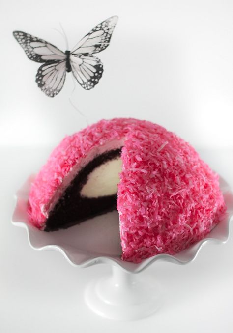 Recipe for Pink Snowball Cake Snowball Cake Recipe, Snowball Cake, Cake Portions, Devils Food Cake, Marshmallow Creme, Cake Fillings, White Plate, Köstliche Desserts, Cupcake Cake