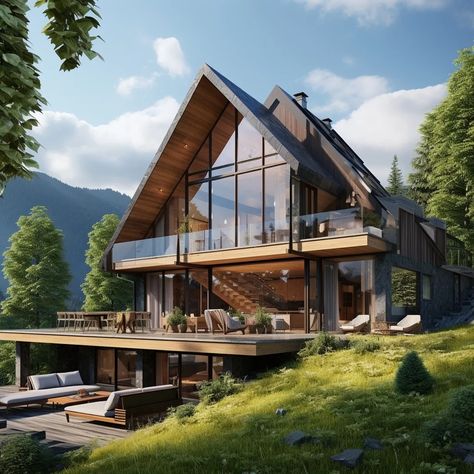 German Houses Modern, Modern German House, Mountain Villa Design, Modern Mountain House Exterior, House On A Cliff, Switzerland Home, Wooden Villa, Switzerland House, Houses On Wheels