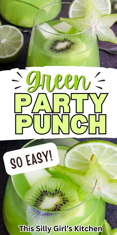 Introducing Green Party Punch from This Silly Girl's Kitchen. This easy and refreshing punch is guaranteed to be a hit at your next party. With its vibrant green color and delicious flavor, it's sure to impress your guests. Whether you're hosting a birthday bash, a backyard barbecue, or a casual get-together, this punch is the perfect way to quench everyone's thirst and spread some cheer. Green Drinks Alcohol, Green Alcoholic Drinks, Green Punch Recipes, Refreshing Punch, Green Lemonade, Green Punch, Drinks Friends, Alcoholic Punch Recipes, Non Alcoholic Punch